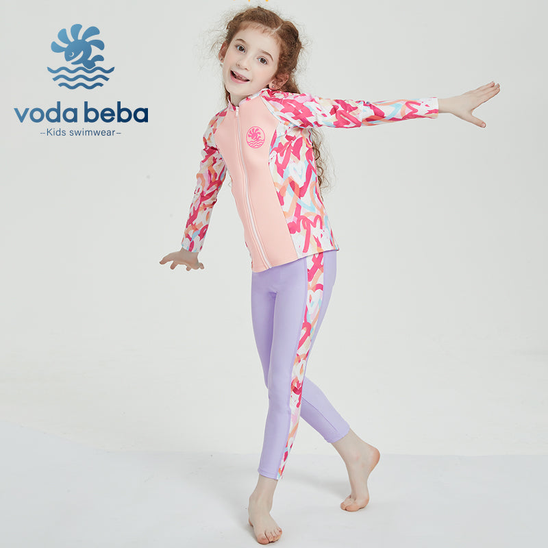 Girls Long Sleeve Rash Vest and Swim Trunks Set