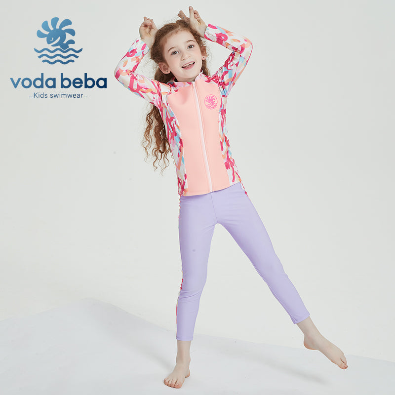 Girls Long Sleeve Rash Vest and Swim Trunks Set