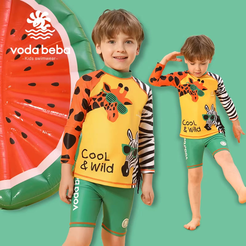 Long-sleeved short-pants giraffe-patterned boys' swimsuit