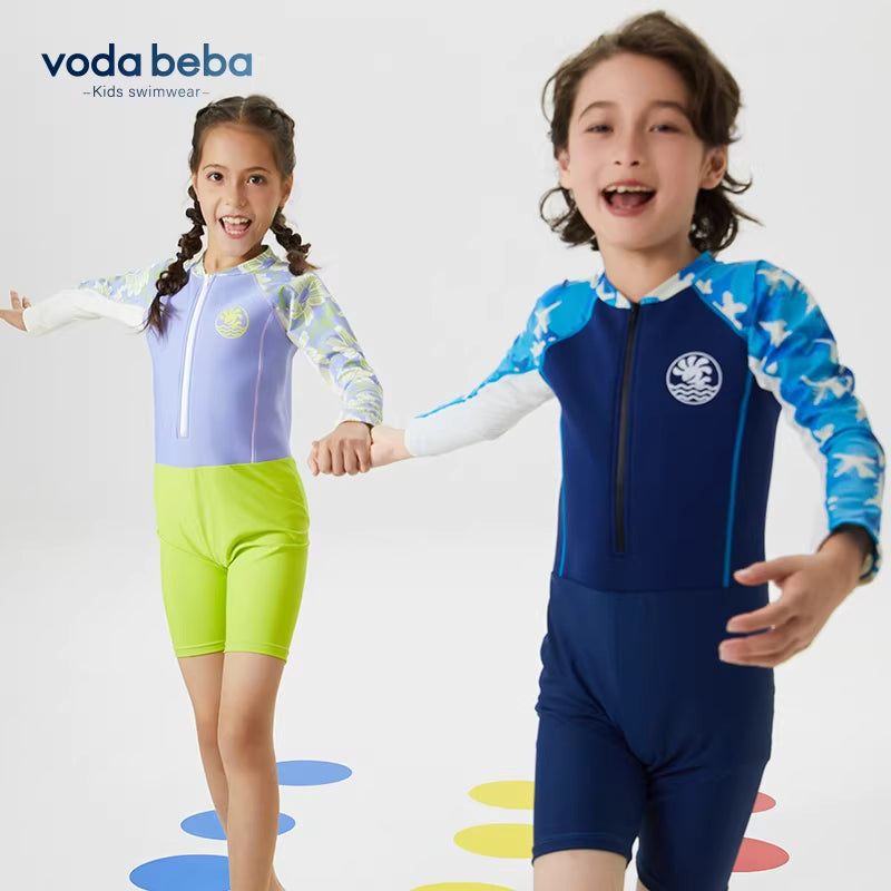 Children's long-sleeved and short swimming trunks one-piece suit