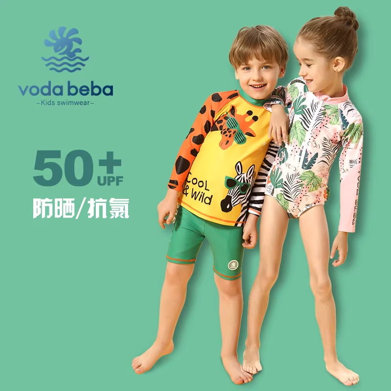 Long-sleeved short-pants giraffe-patterned boys' swimsuit