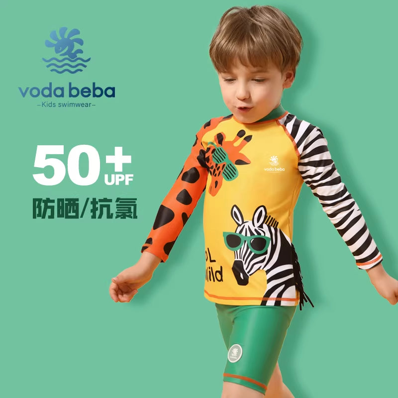 Long-sleeved short-pants giraffe-patterned boys' swimsuit