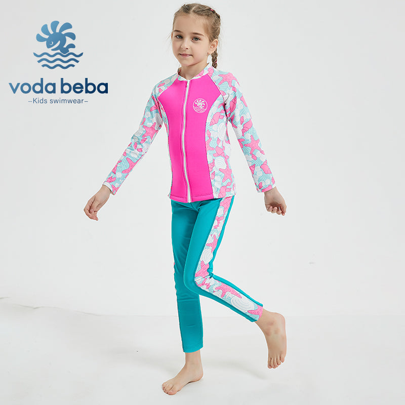Girls Long Sleeve Rash Vest and Swim Trunks Set